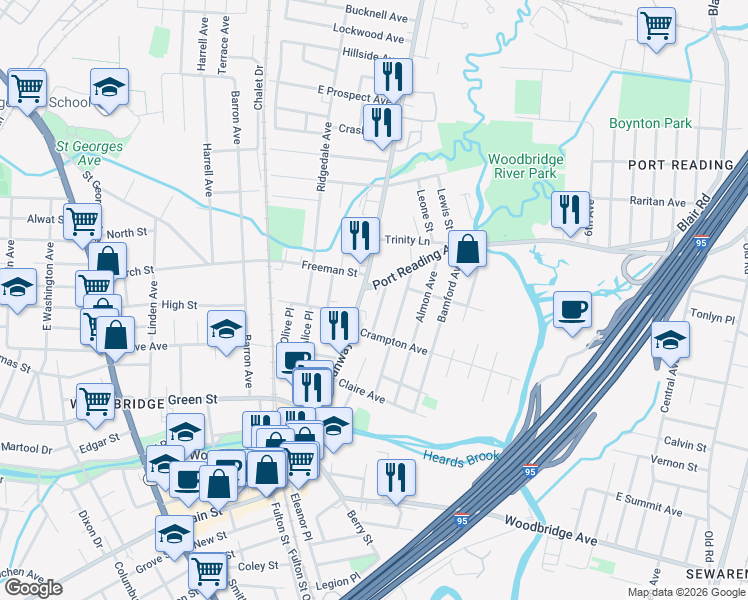 map of restaurants, bars, coffee shops, grocery stores, and more near 582 Rahway Avenue in Woodbridge Township