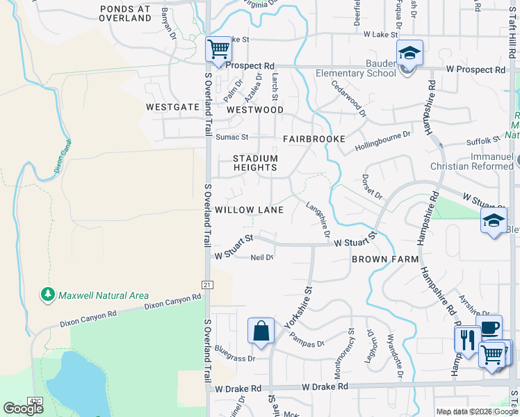 map of restaurants, bars, coffee shops, grocery stores, and more near 2900 Ross Drive in Fort Collins