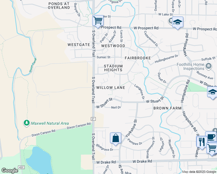 map of restaurants, bars, coffee shops, grocery stores, and more near 3024 Ross Drive in Fort Collins