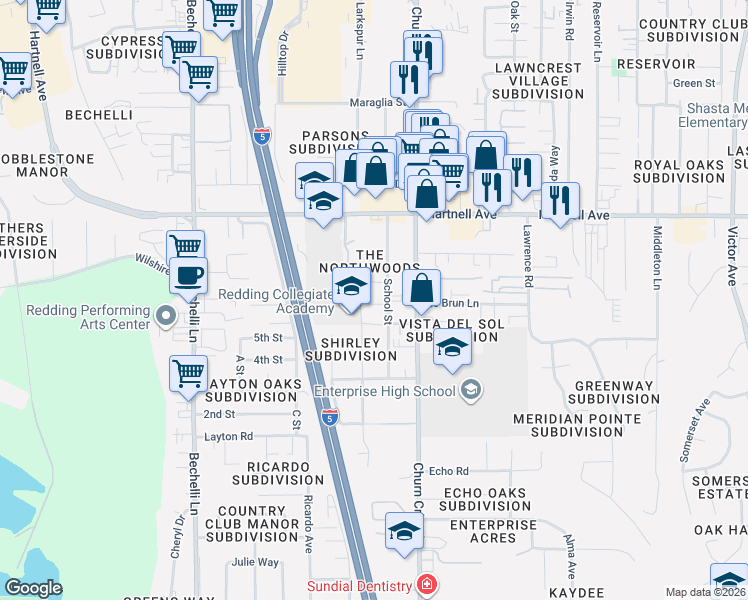 map of restaurants, bars, coffee shops, grocery stores, and more near 3158 School Street in Redding
