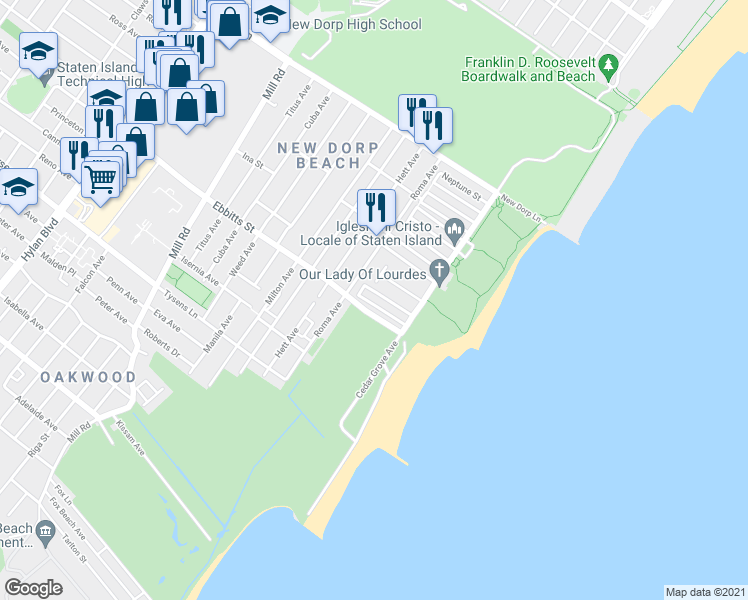 map of restaurants, bars, coffee shops, grocery stores, and more near 5 Milbank Road in Staten Island