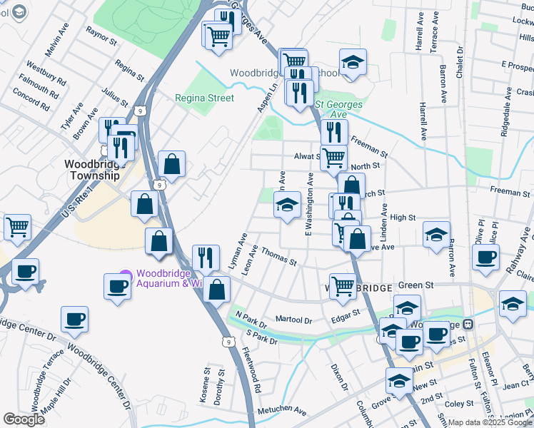 map of restaurants, bars, coffee shops, grocery stores, and more near 321 Church Street in Woodbridge Township