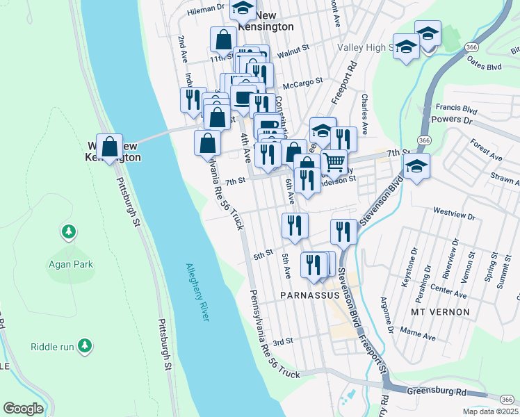 map of restaurants, bars, coffee shops, grocery stores, and more near 620 4th Avenue in New Kensington