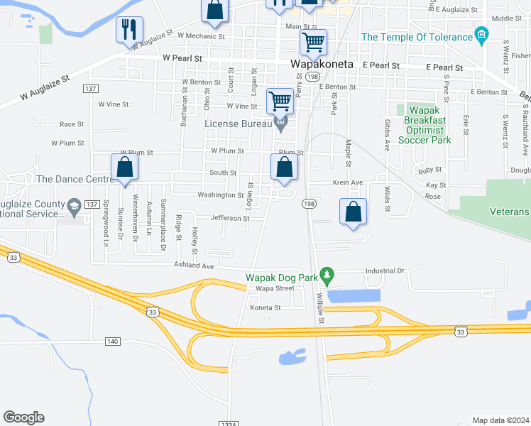 map of restaurants, bars, coffee shops, grocery stores, and more near 906-912 South Blackhoof Street in Wapakoneta