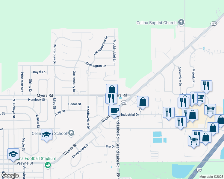 map of restaurants, bars, coffee shops, grocery stores, and more near 1301 Myers Road in Celina