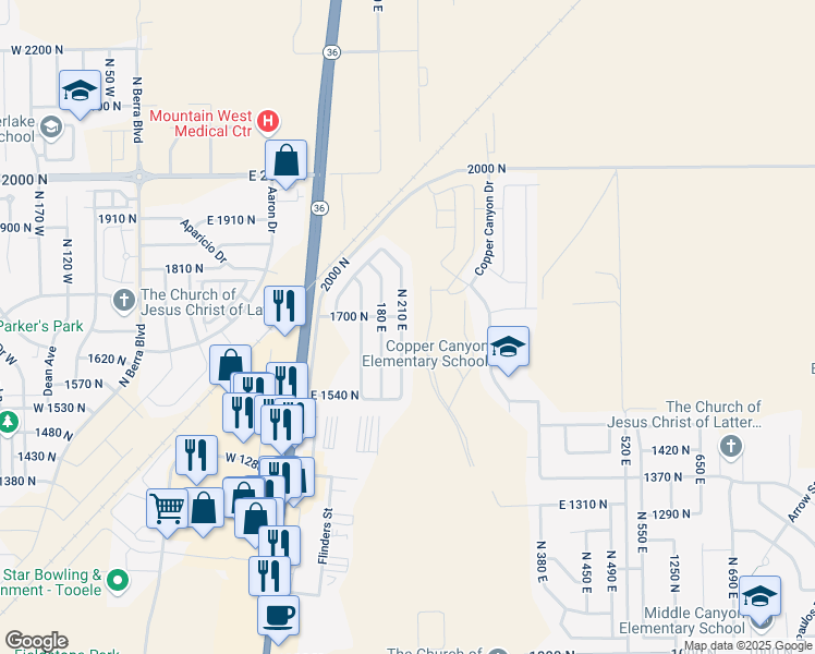 map of restaurants, bars, coffee shops, grocery stores, and more near 1662 North 210 East in Tooele