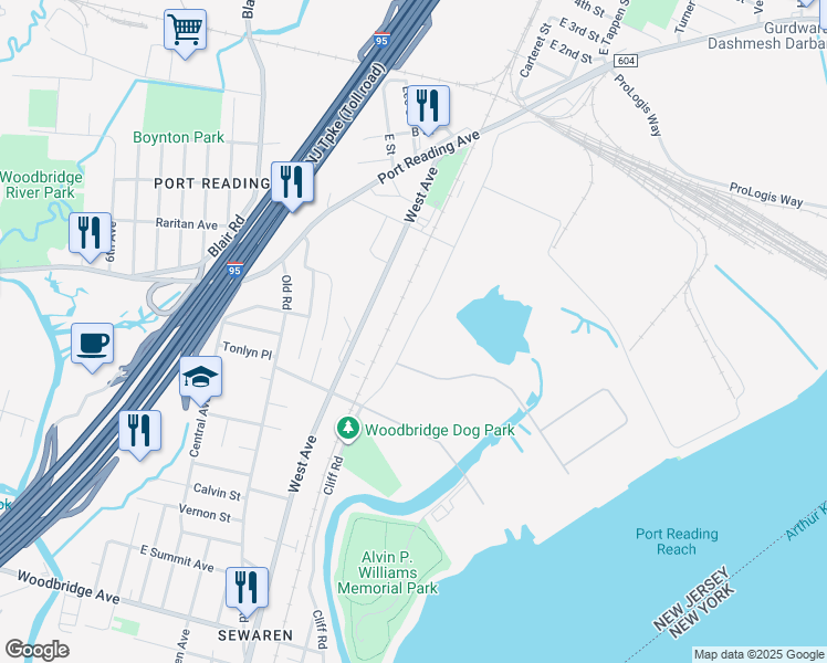 map of restaurants, bars, coffee shops, grocery stores, and more near 751 Cliff Road in Woodbridge Township