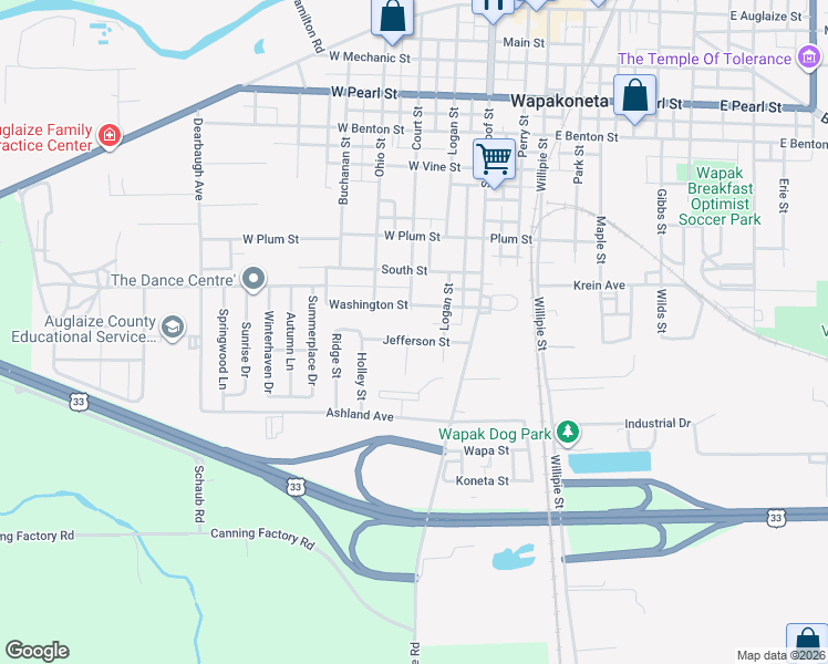 map of restaurants, bars, coffee shops, grocery stores, and more near 901 Court Street in Wapakoneta