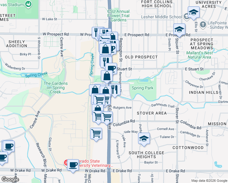 map of restaurants, bars, coffee shops, grocery stores, and more near 2000-2098 S College Ave in Fort Collins