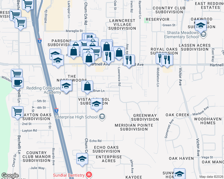 map of restaurants, bars, coffee shops, grocery stores, and more near 3152 Lawrence Road in Redding