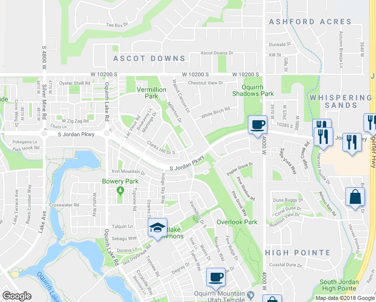 map of restaurants, bars, coffee shops, grocery stores, and more near 4277 Clarks Hill Drive South in South Jordan