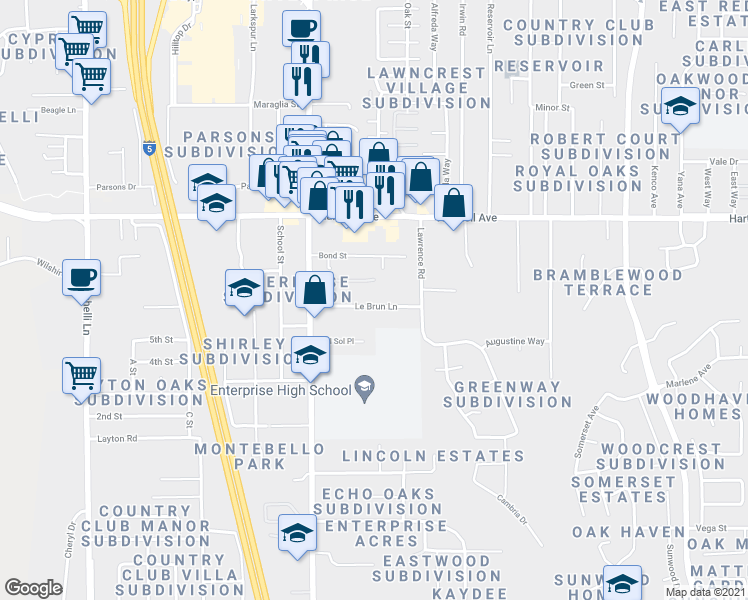 map of restaurants, bars, coffee shops, grocery stores, and more near 1134 Le Brun Lane in Redding