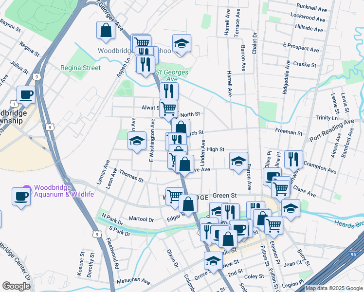 map of restaurants, bars, coffee shops, grocery stores, and more near 589 Noe Avenue in Woodbridge Township