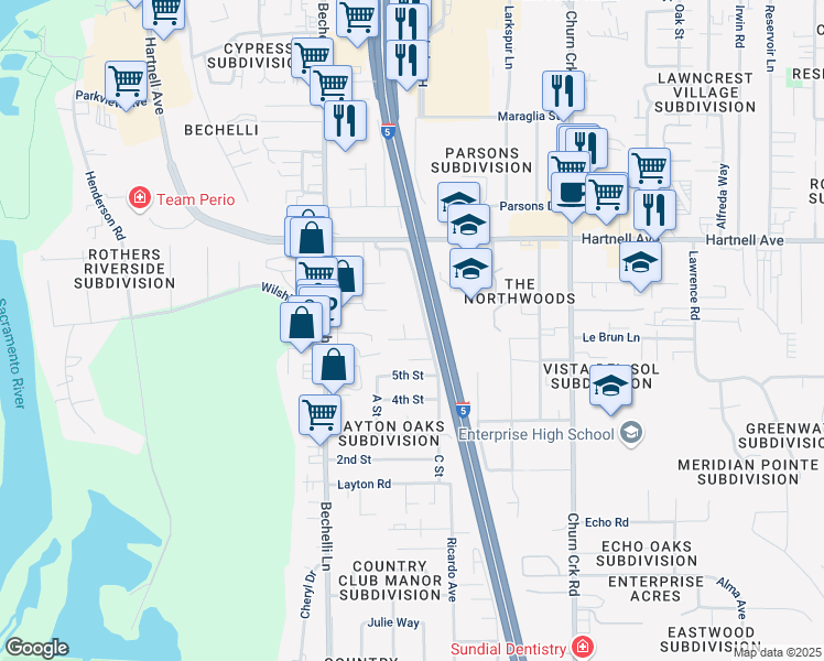 map of restaurants, bars, coffee shops, grocery stores, and more near 668 Saginaw Street in Redding