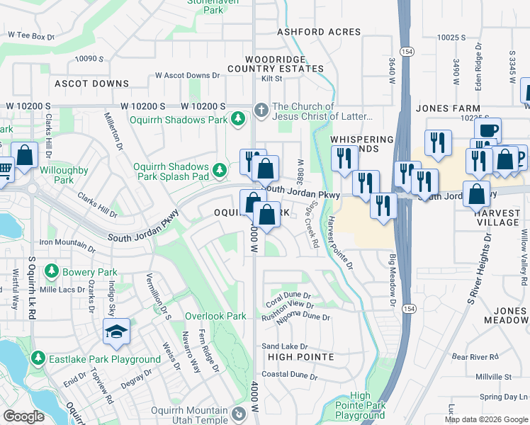 map of restaurants, bars, coffee shops, grocery stores, and more near 3952 Sage Blossom Way in South Jordan