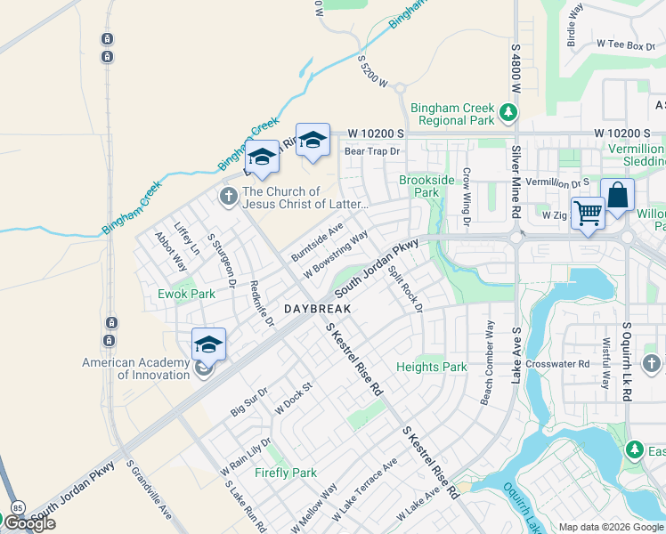 map of restaurants, bars, coffee shops, grocery stores, and more near 5156 Bowstring Way in South Jordan