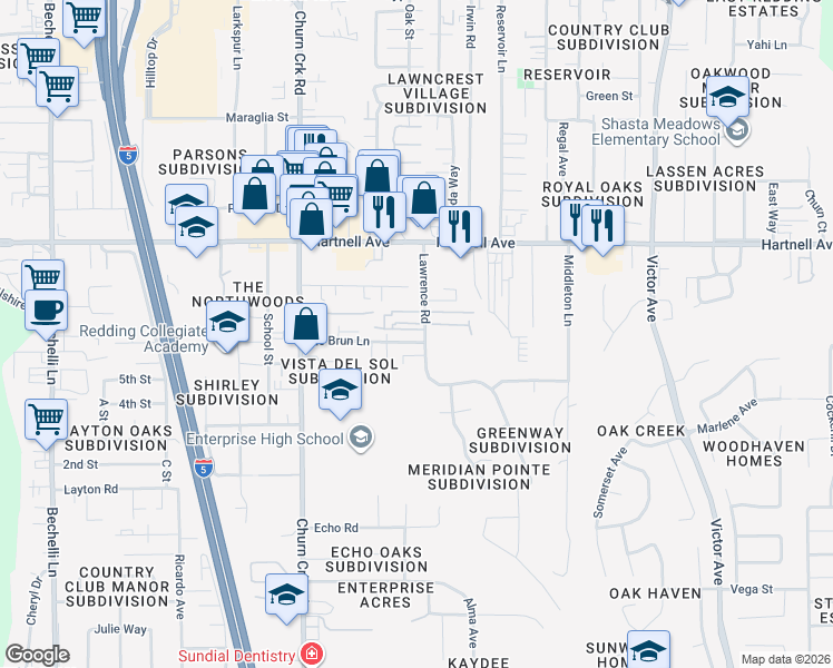 map of restaurants, bars, coffee shops, grocery stores, and more near 3152 Lawrence Road in Redding