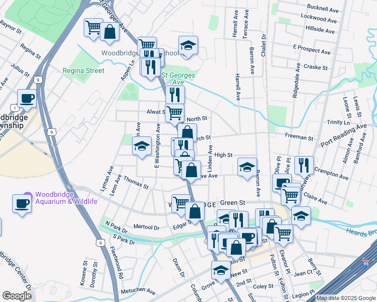 map of restaurants, bars, coffee shops, grocery stores, and more near 589 Noe Avenue in Woodbridge Township