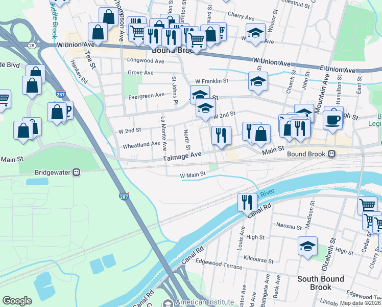 map of restaurants, bars, coffee shops, grocery stores, and more near 13 North Street in Bound Brook