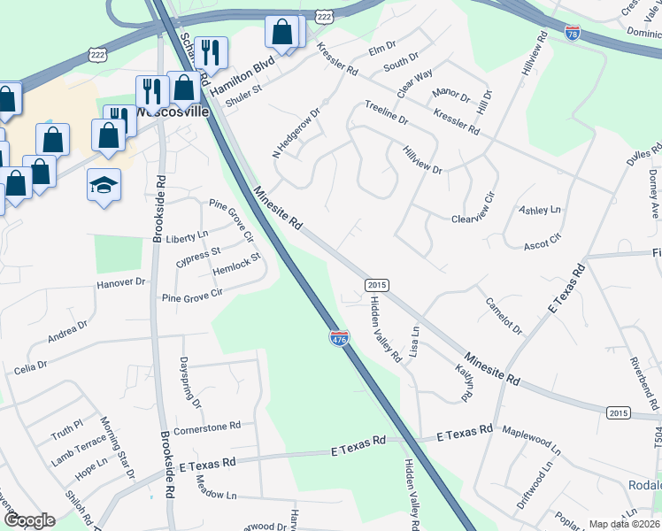 map of restaurants, bars, coffee shops, grocery stores, and more near 1270 Minesite Road in Allentown