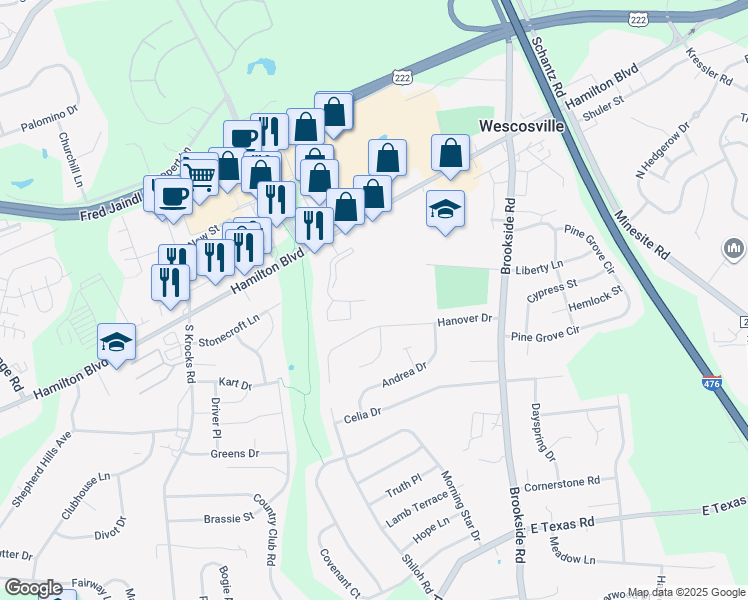 map of restaurants, bars, coffee shops, grocery stores, and more near 1031 Village Round in Allentown