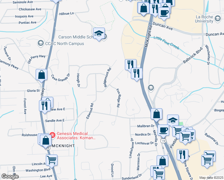 map of restaurants, bars, coffee shops, grocery stores, and more near 8444 Fox Ridge Road in Pittsburgh