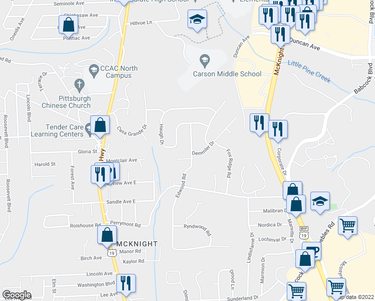map of restaurants, bars, coffee shops, grocery stores, and more near 338 Haugh Drive in Pittsburgh
