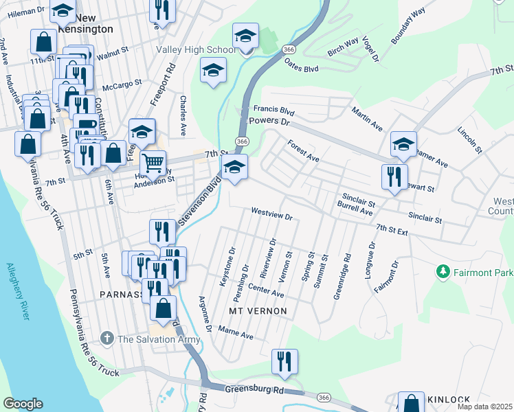 map of restaurants, bars, coffee shops, grocery stores, and more near 1170 7th Street in New Kensington