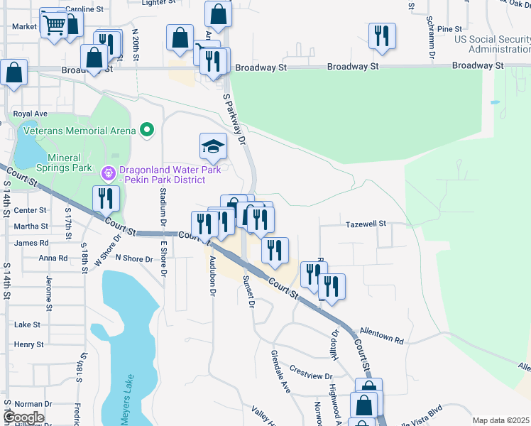 map of restaurants, bars, coffee shops, grocery stores, and more near 444 South Parkway Drive in Pekin