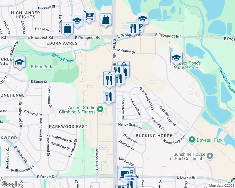 map of restaurants, bars, coffee shops, grocery stores, and more near 2103 Blackbird Drive in Fort Collins