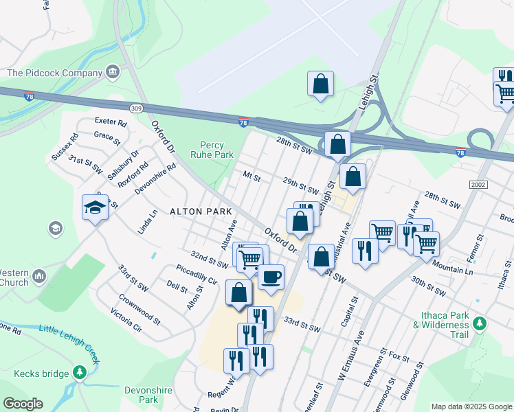 map of restaurants, bars, coffee shops, grocery stores, and more near 2943 Arcadia Avenue in Allentown