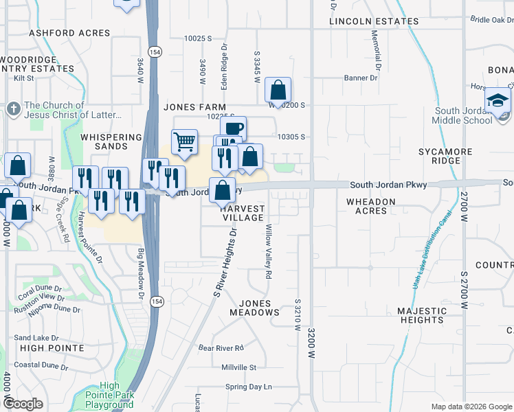 map of restaurants, bars, coffee shops, grocery stores, and more near 10462 Harvest Walk Lane in South Jordan