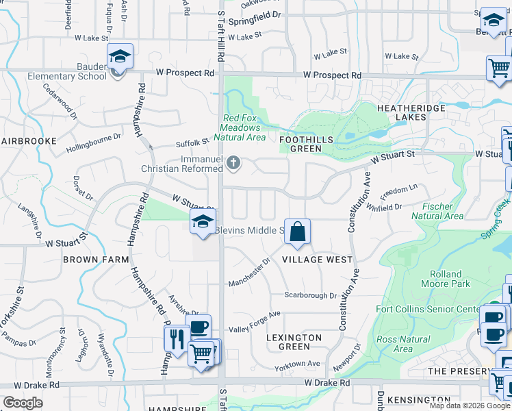 map of restaurants, bars, coffee shops, grocery stores, and more near 2060 Bennington Circle in Fort Collins