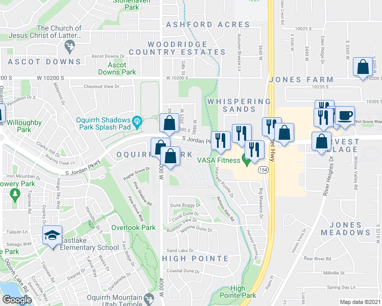 map of restaurants, bars, coffee shops, grocery stores, and more near 10431 Sage Luigi Court in South Jordan