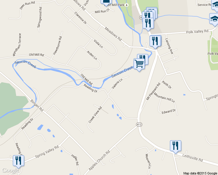 map of restaurants, bars, coffee shops, grocery stores, and more near 1710 Valerie Lane in Bethlehem