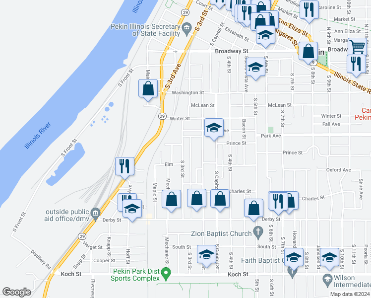 map of restaurants, bars, coffee shops, grocery stores, and more near 1010 South 3rd Street in Pekin