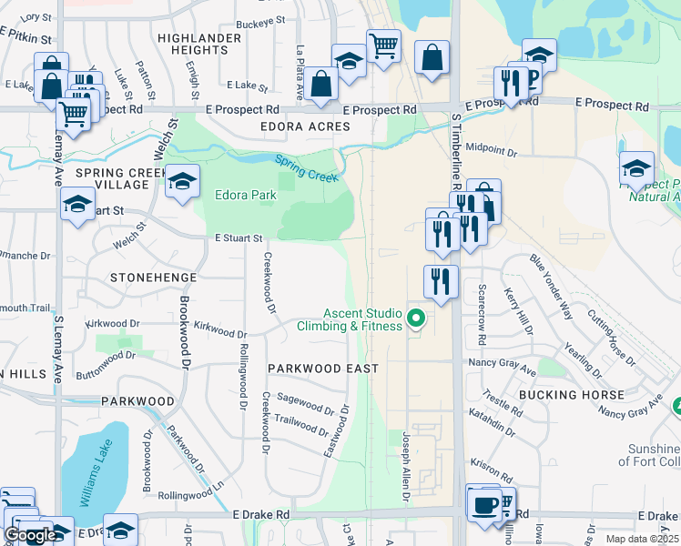 map of restaurants, bars, coffee shops, grocery stores, and more near 1720 Kirkwood Drive in Fort Collins