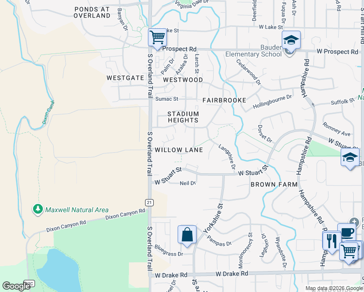 map of restaurants, bars, coffee shops, grocery stores, and more near 2900 Ross Drive in Fort Collins