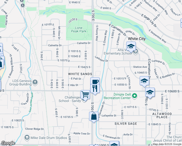 map of restaurants, bars, coffee shops, grocery stores, and more near 10465 Leilani Drive in Sandy