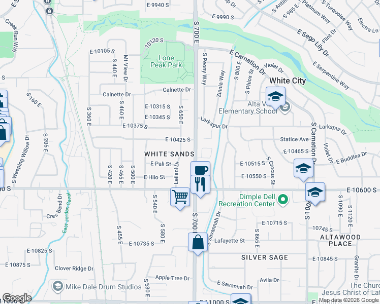 map of restaurants, bars, coffee shops, grocery stores, and more near 10465 Leilani Drive in Sandy