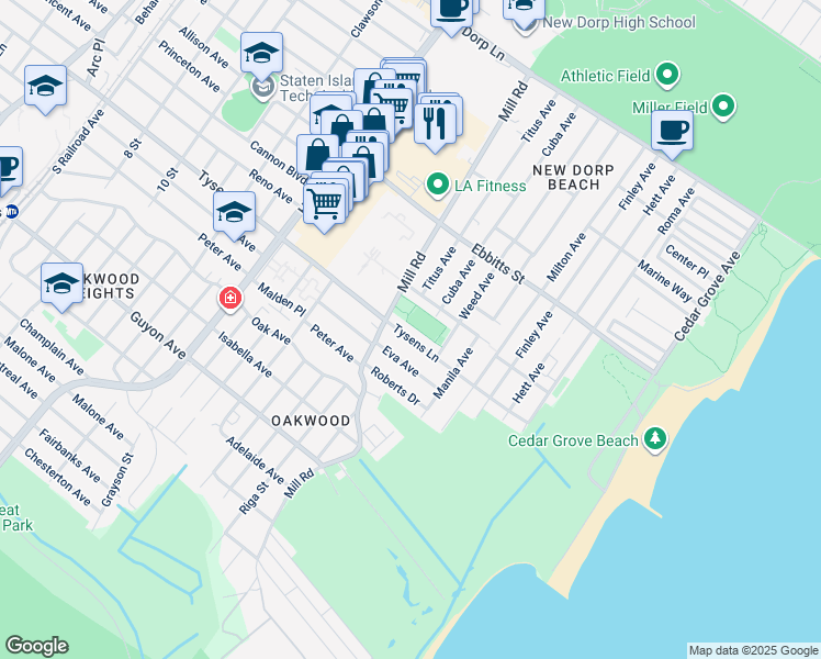 map of restaurants, bars, coffee shops, grocery stores, and more near 701 Tysens Lane in Staten Island
