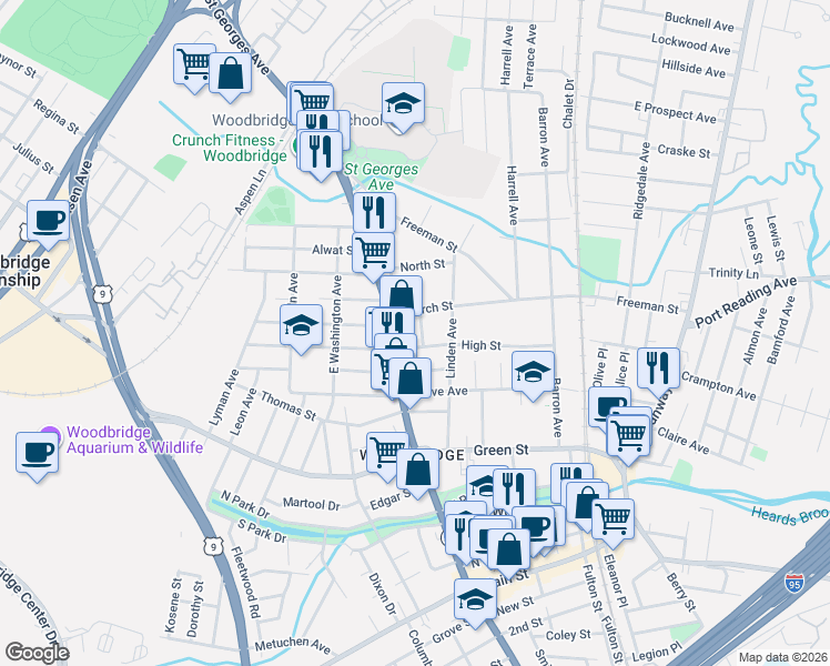 map of restaurants, bars, coffee shops, grocery stores, and more near 589 Noe Avenue in Woodbridge Township