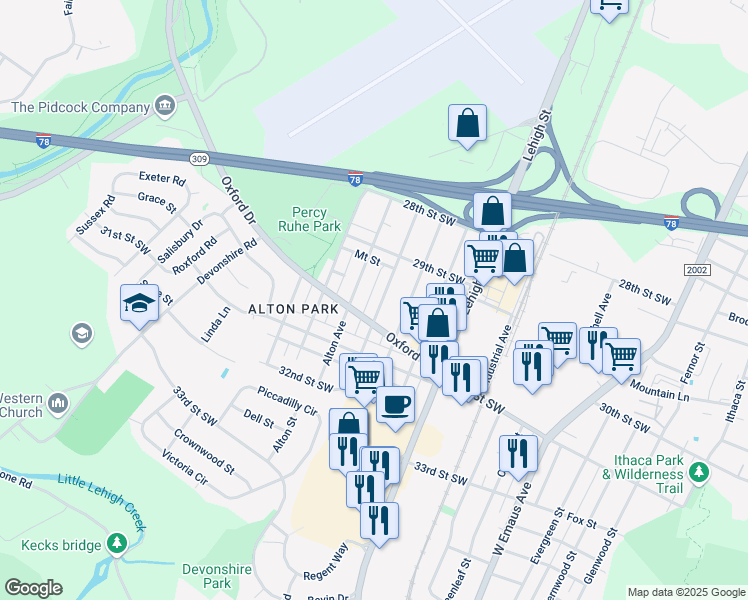 map of restaurants, bars, coffee shops, grocery stores, and more near 2943 Arcadia Avenue in Allentown