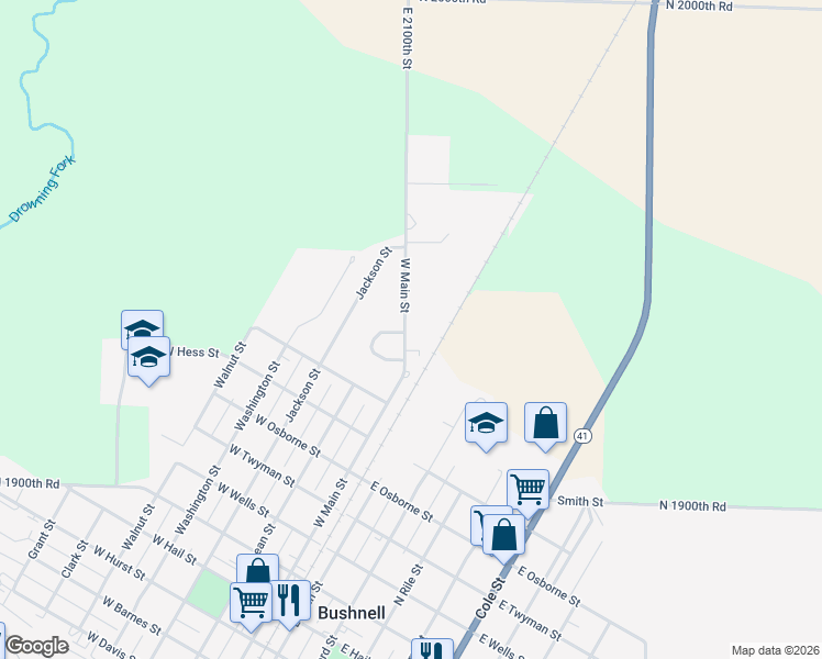 map of restaurants, bars, coffee shops, grocery stores, and more near 1300 West Main Street in Bushnell