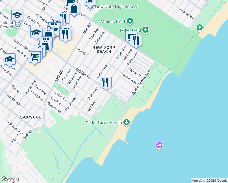 map of restaurants, bars, coffee shops, grocery stores, and more near 5 Milbank Road in Staten Island