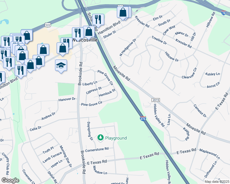 map of restaurants, bars, coffee shops, grocery stores, and more near 4816 Hemlock Street in Wescosville