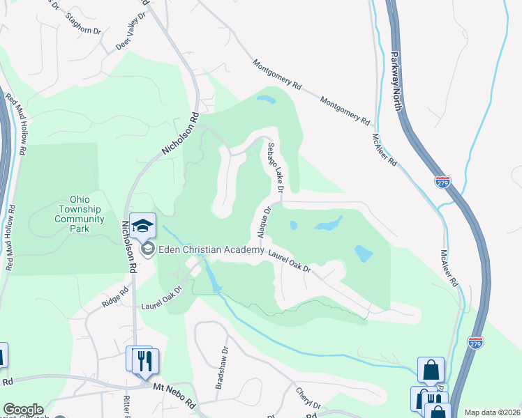 map of restaurants, bars, coffee shops, grocery stores, and more near 127 Alaqua Drive in Sewickley