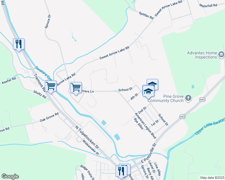 map of restaurants, bars, coffee shops, grocery stores, and more near 501 American Legion Boulevard in Pine Grove