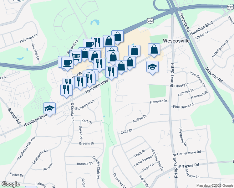 map of restaurants, bars, coffee shops, grocery stores, and more near 105 Village Round in Allentown
