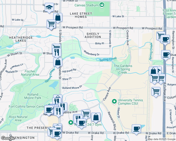 map of restaurants, bars, coffee shops, grocery stores, and more near 736 Shadowmere Court in Fort Collins
